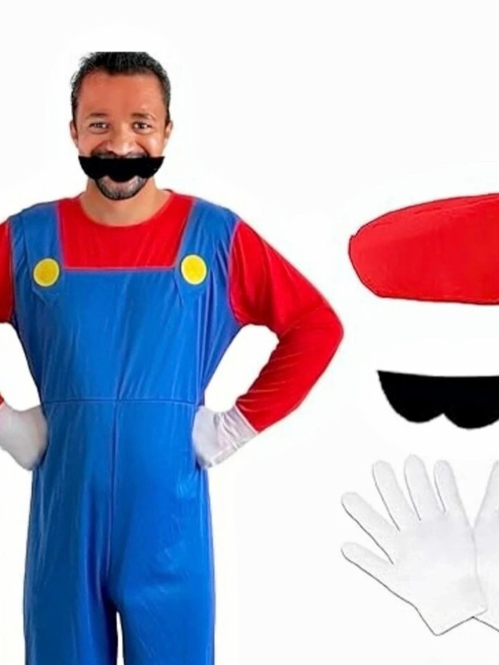 Mario Style Adult Costume Red Blue Jumpsuit Hat Mustache Gloves Halloween